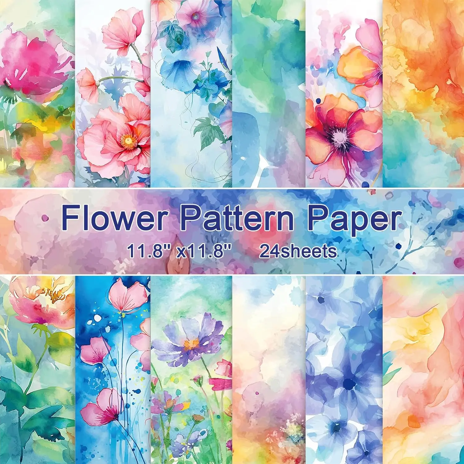 24 Sheets Flower Scrapbook Paper 12x12 Watercolor  Paper Double Sided Floral Cardstock Craft Papers for Card Making Kit Origami Papers Romantic Scrapbook Supplies