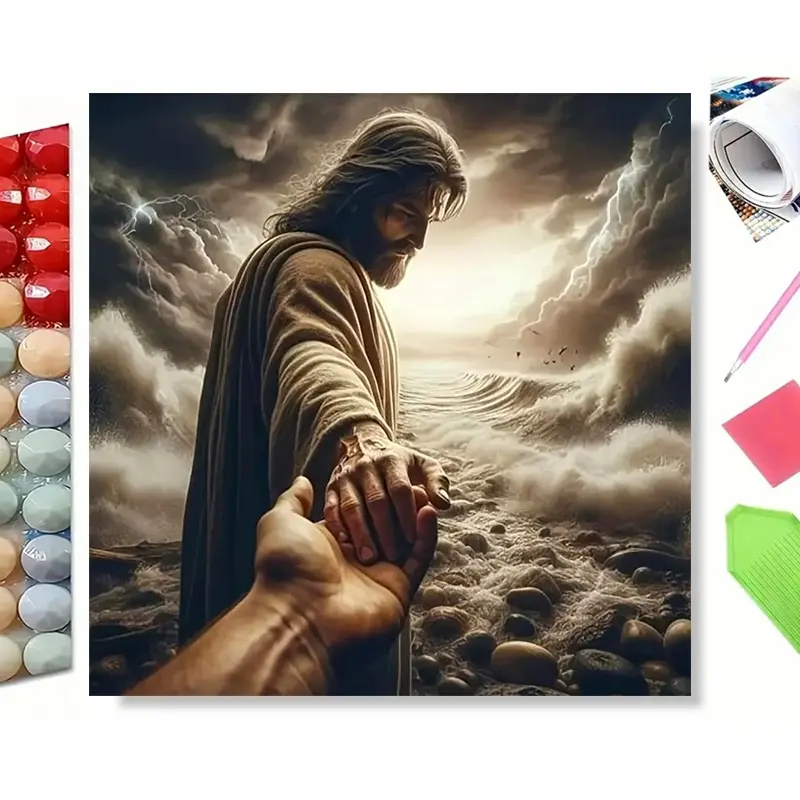 5D Diamond Painting Kit Reaching‑out Hand Artwork, Figure Offering Hand In Stormy Sea Waves Scene, Full Drill DIY Diamond Mosaic Art, Inspirational Wall Decor, Great Gift For Christmas And Holiday Home Decoration