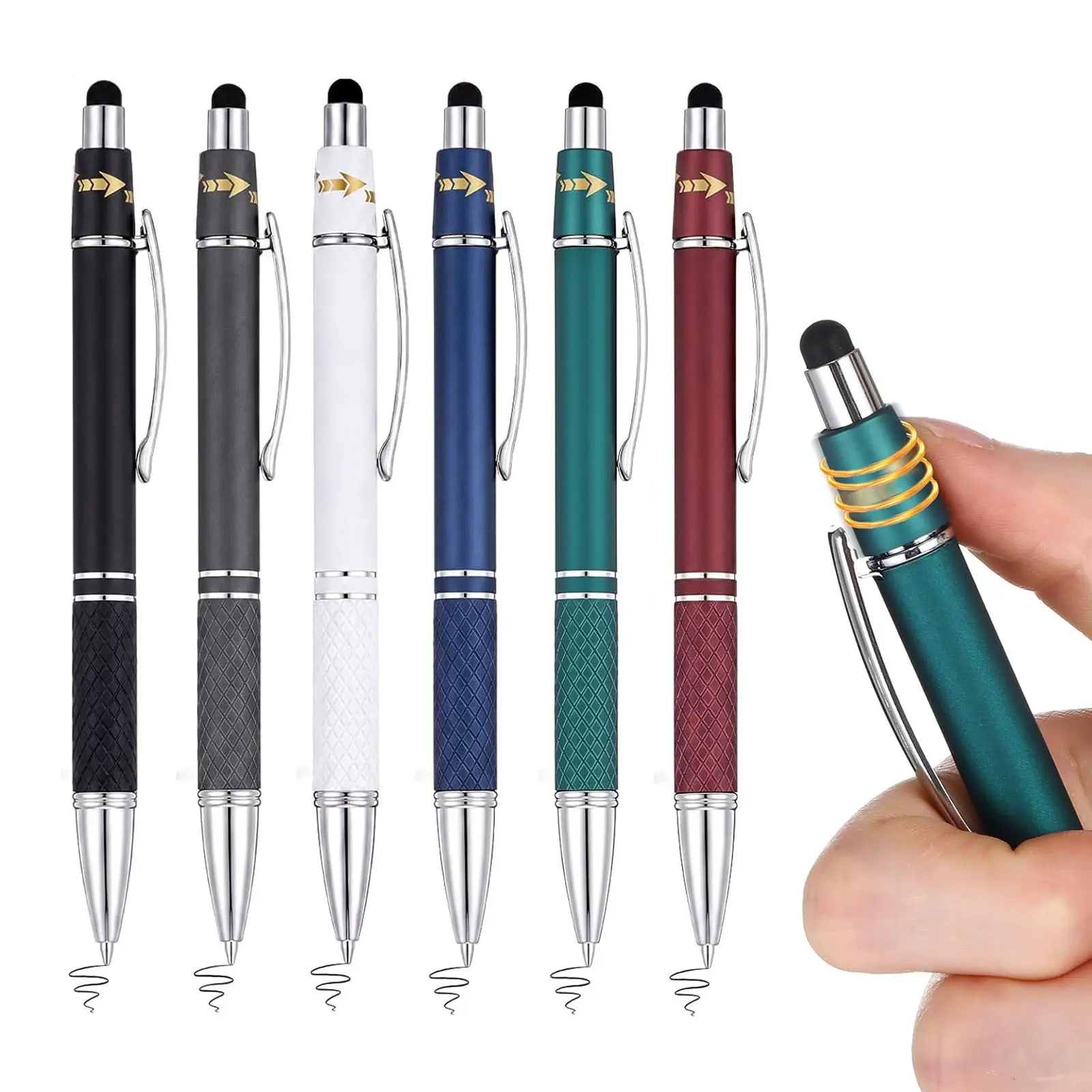 6Pcs Fidget Pens, Colorful Stress Relief Pens, Cool Pens 2-in-1 Metal Stylus Retractable Ballpoint Pen with Stylus Tip 1.0 mm Black Ink Anxiety Relief Pen for Adults Office Coworker Gifts