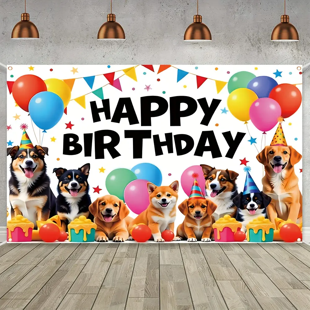 2D Flat Dog Birthday Decorative Banner, Cute Pet Puppy Party Backdrop, Party Decorations, Single-Sided Polyester Fabric, Metal Grommets for Easy Hanging, Pet Birthday Celebration Decoration