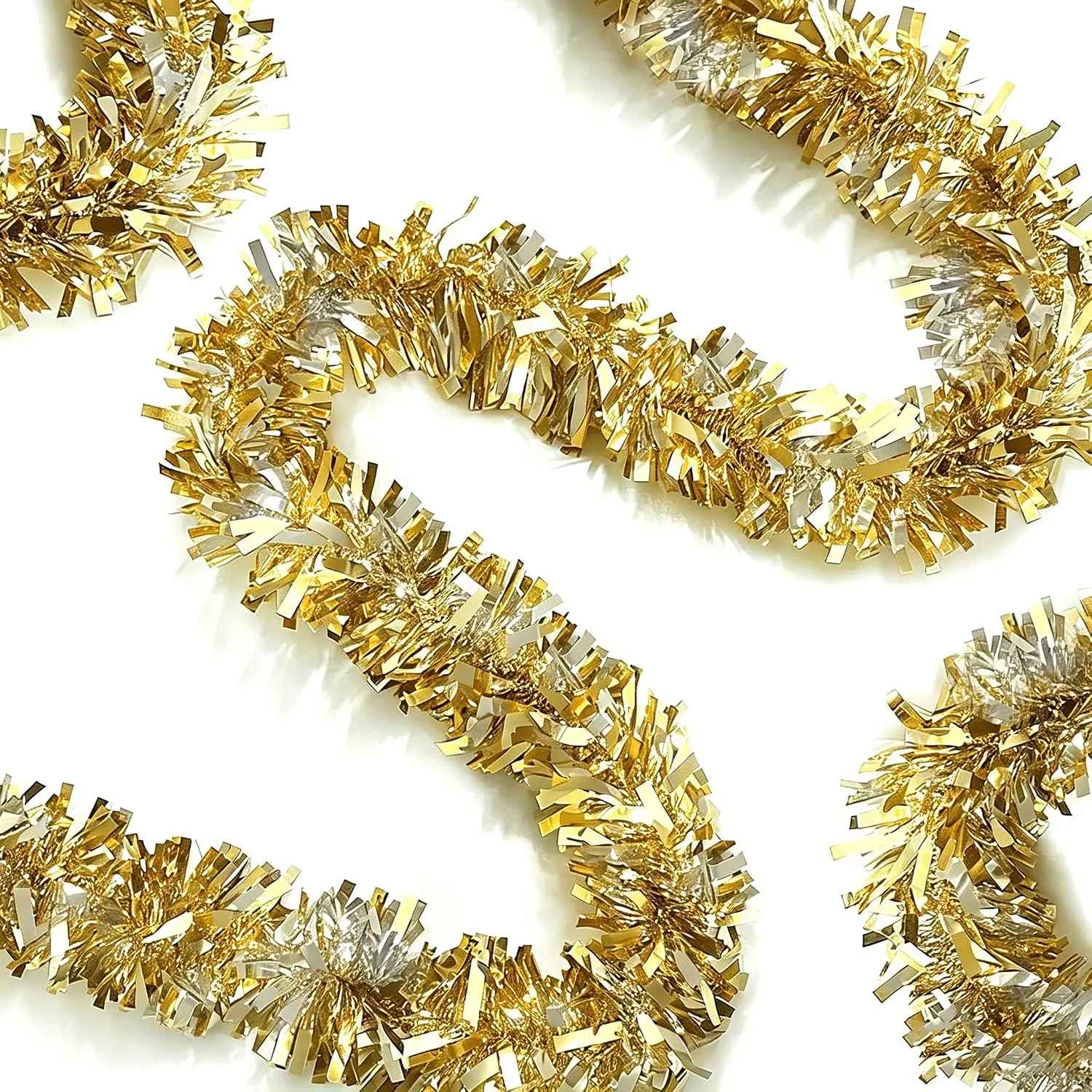 33Ft Thick Shiny Gold Silver Metallic Twist Christmas Tinsel Garland, 0.33 Wide Synthetic Plastic Festive Party Décor with Light for Xmas Tree, Indoor/Outdoor Home Supplies - Wreath Accessory, Pvc Synthetic