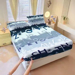 3Pcs Modern Gradient 3D Letter HD Digital Print Fitted Sheet Set, Washable Hypoallergenic Deep Pocket Mattress Cover For Trendy Young Adults All Season Apartment Bedroom Decor