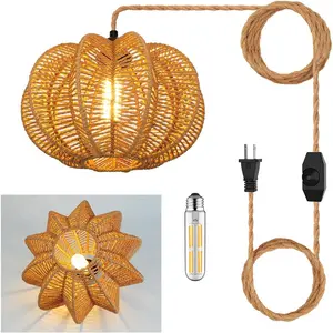 Plug in Rattan Pendant Light, 15FT Hemp Rope Cord with Dimmable Switch, Boho Indoor Hanging Lamp for Living Room Bedroom, Bulb Included, 11 x 7 Inch