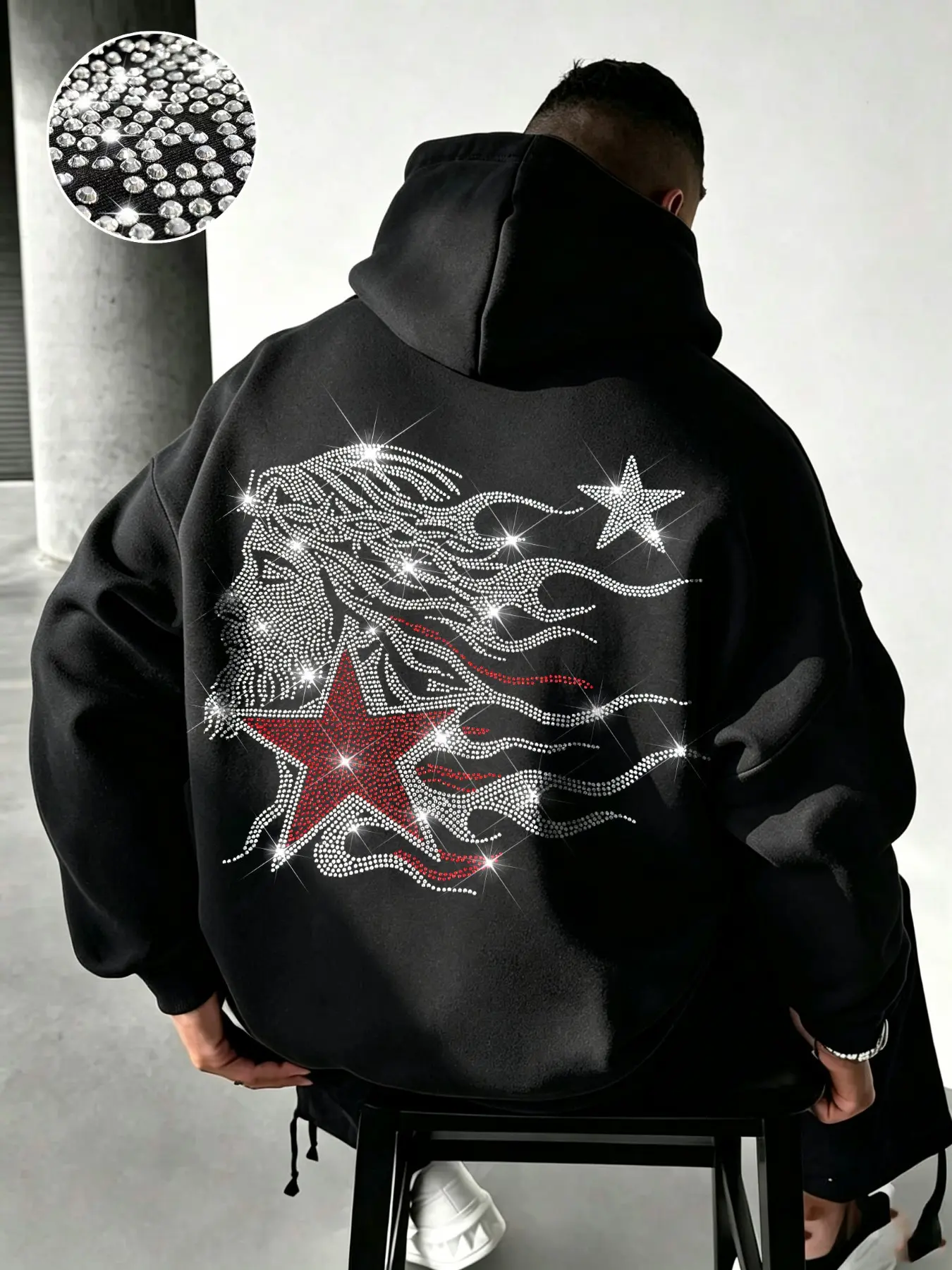 Men's Rhinestone Hoodie, Layered Fire Emblem Back Design, Loose Fit Drop Shoulder, Soft Fleece Lining, Streetwear Pullover
