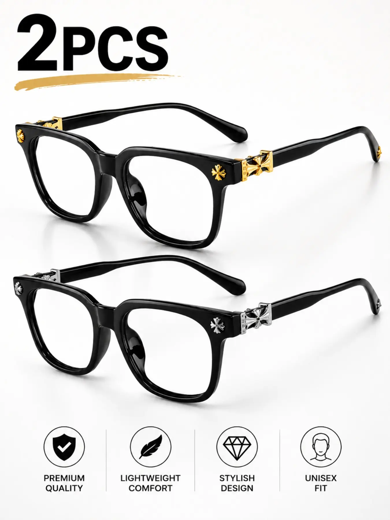 2pcs Minimalist High-End Square Chunky Frame Glasses, Unisex Fashion Elegant Decorative Eyewear, Office Reading Commute Daily Wear, Perfect Gift