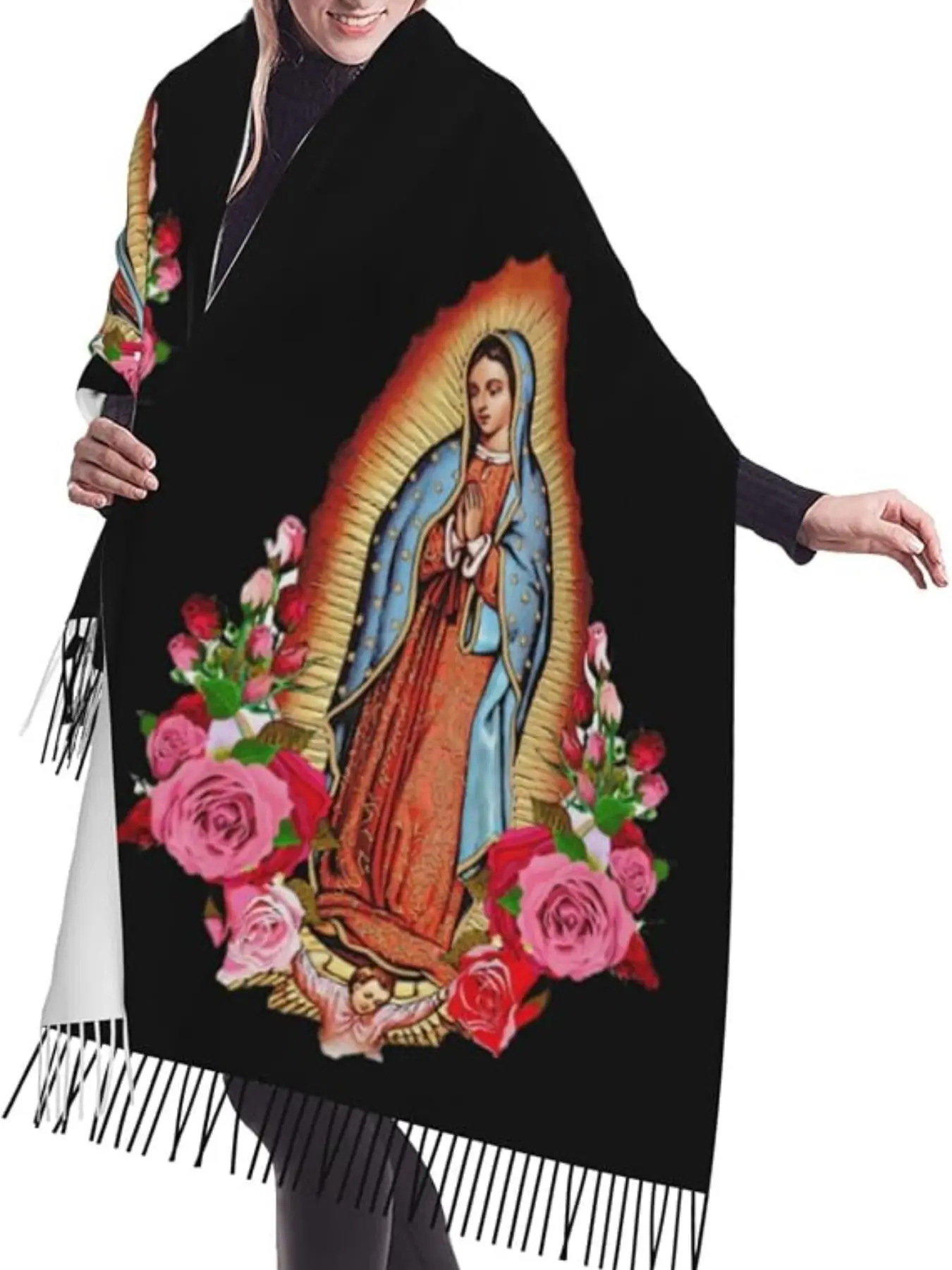 Women's Our Lady of Guadalupe Rose Print Floral Pattern Shawl, Cashmere Feel Oversized Warm Blanket Scarf, Perfect Gift for Her