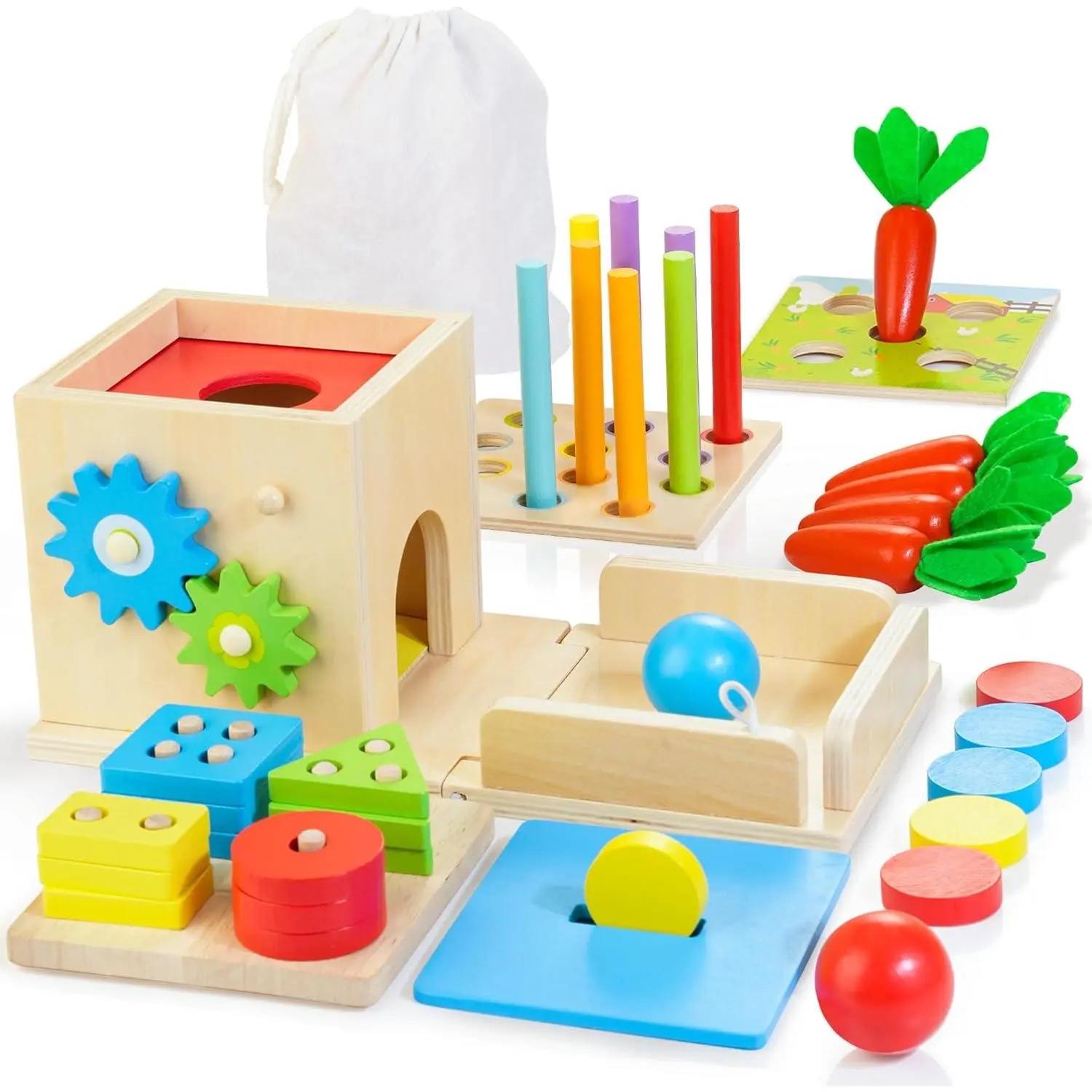 Montessori Toys for 1+ Year Old, 8-in-1 Wooden Play Kit Includes Object Permanent Box, Learning Activity Cube, Sorting & Stacking Toy, Carrot Harvest Game, Gift for Boys Girls Age 12+ Monthsfidget toys