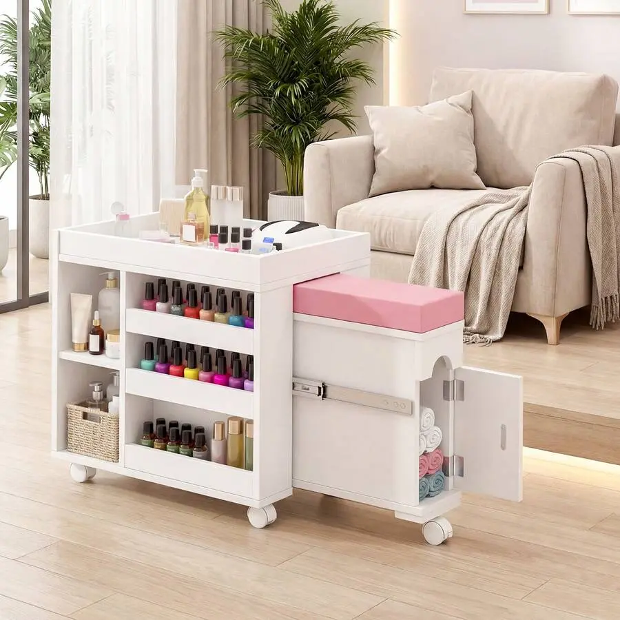 Pedicure Trolley Cart With Foot Rest, Storage Shelves & Cabinet, Mobile Pedicure Foot Stool Stand Pedicure Station Nail Tech & Home Salon