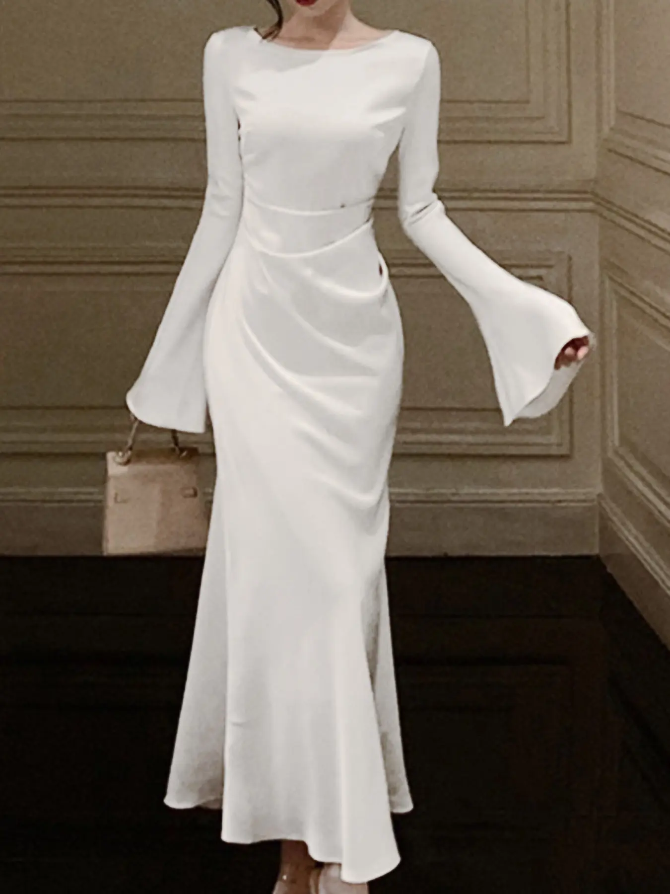 Elegant Mermaid Long Dress for Women, Bell Sleeve Boat Neck Formal Evening Gown, Soft Fabric Midi Dress, Evening Formal Wear, Perfect for Special Occasions