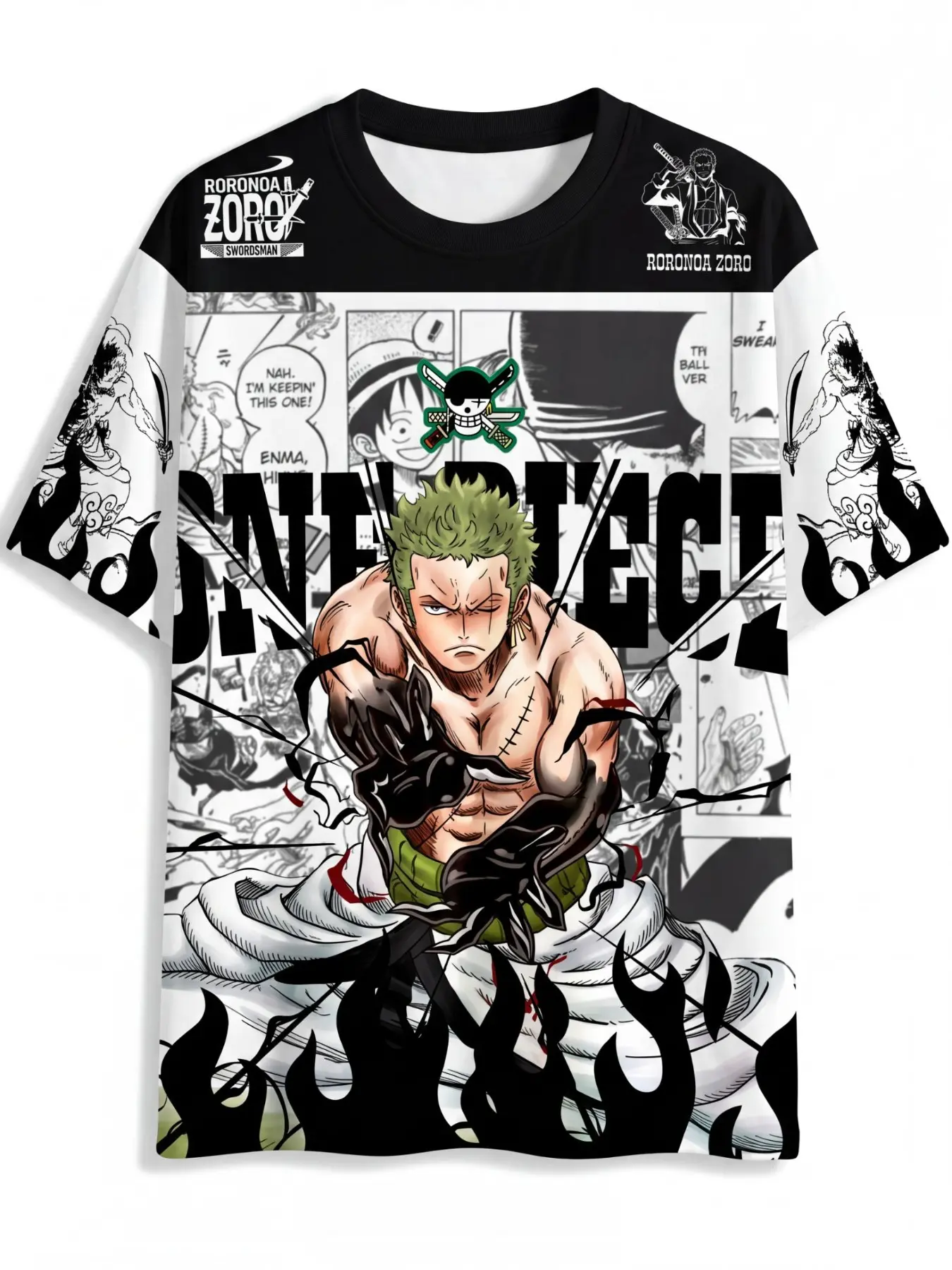 Authentic Official Licensed One Piece Boys Short Sleeve Jersey T-Shirt Roronoa Zoro Swordsman Manga Panel All Over Print Lightweight Breathable, Graphic Printed Tee, Anime Graphic Summer Tee For Boys Age 4-13 Daily School Gift Outfit