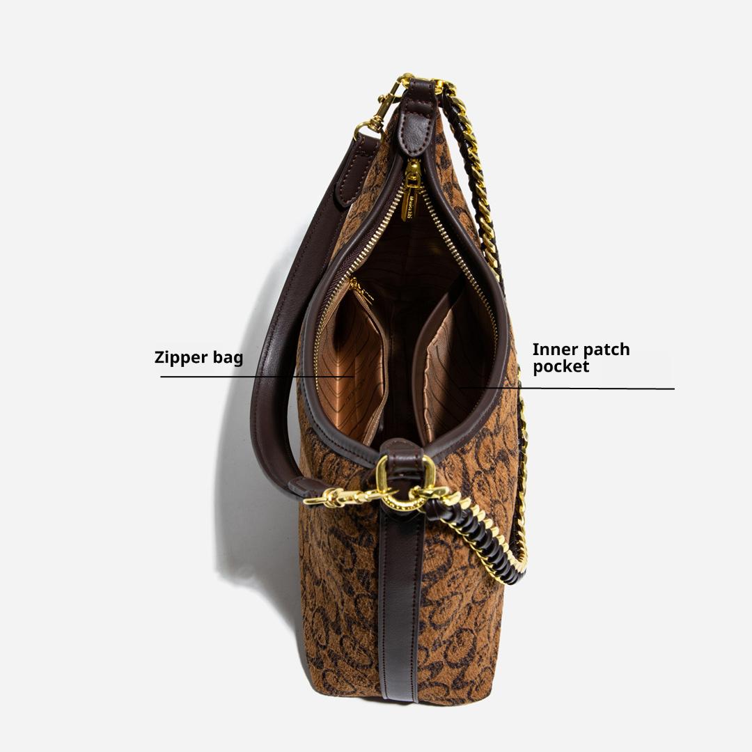 Monica KiKi Chenille coffee color Niche Tote Bag for Women, New High-End Elegant Letter Shoulder Bag, Fashionable Crossbody Bag
