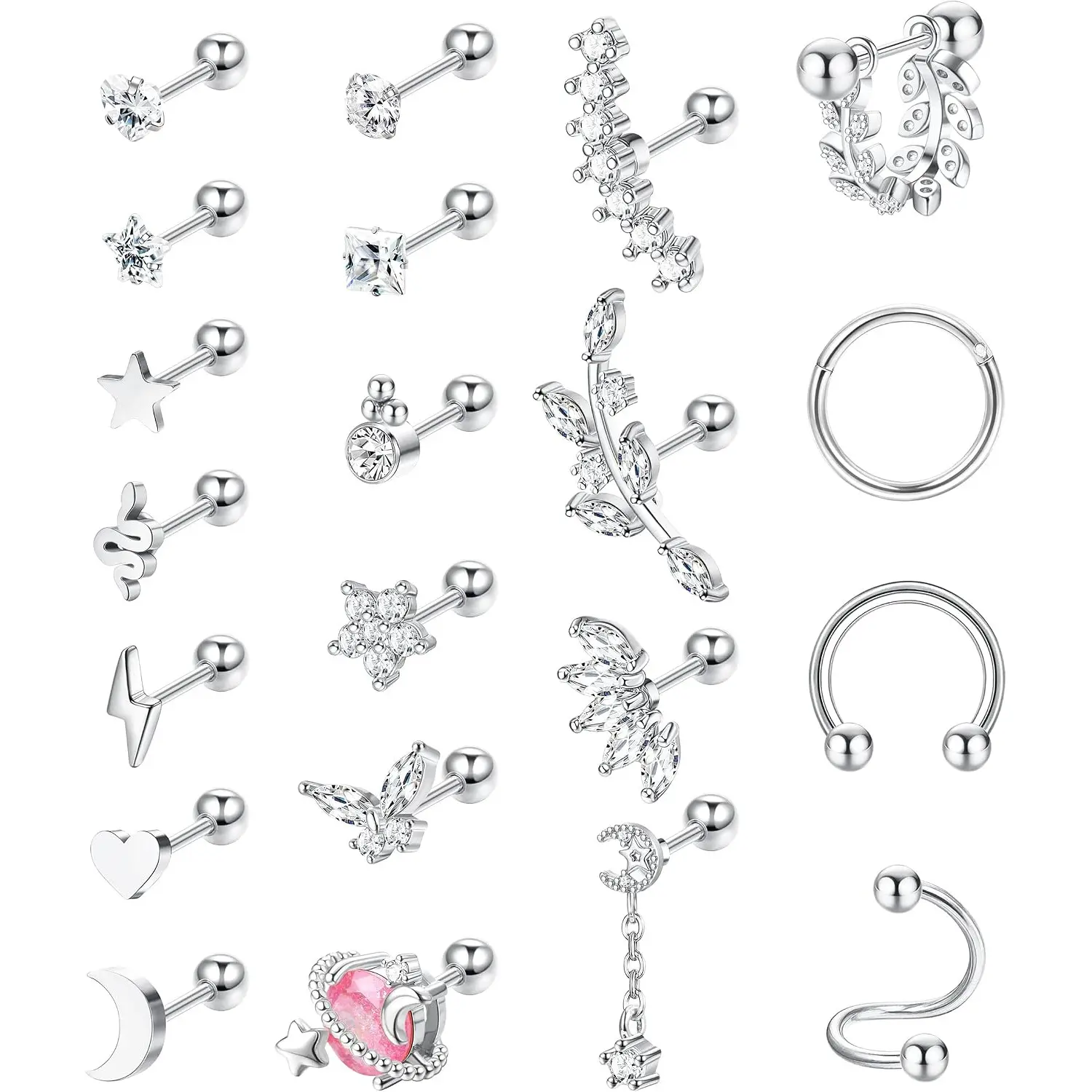 21Pcs 16G Cartilage Earrings for Women Men, 316L Stainless Steel Studs, Tragus Daith Conch Piercing Jewelry, Nose Clicker Ring, CZ Barbell Earrings