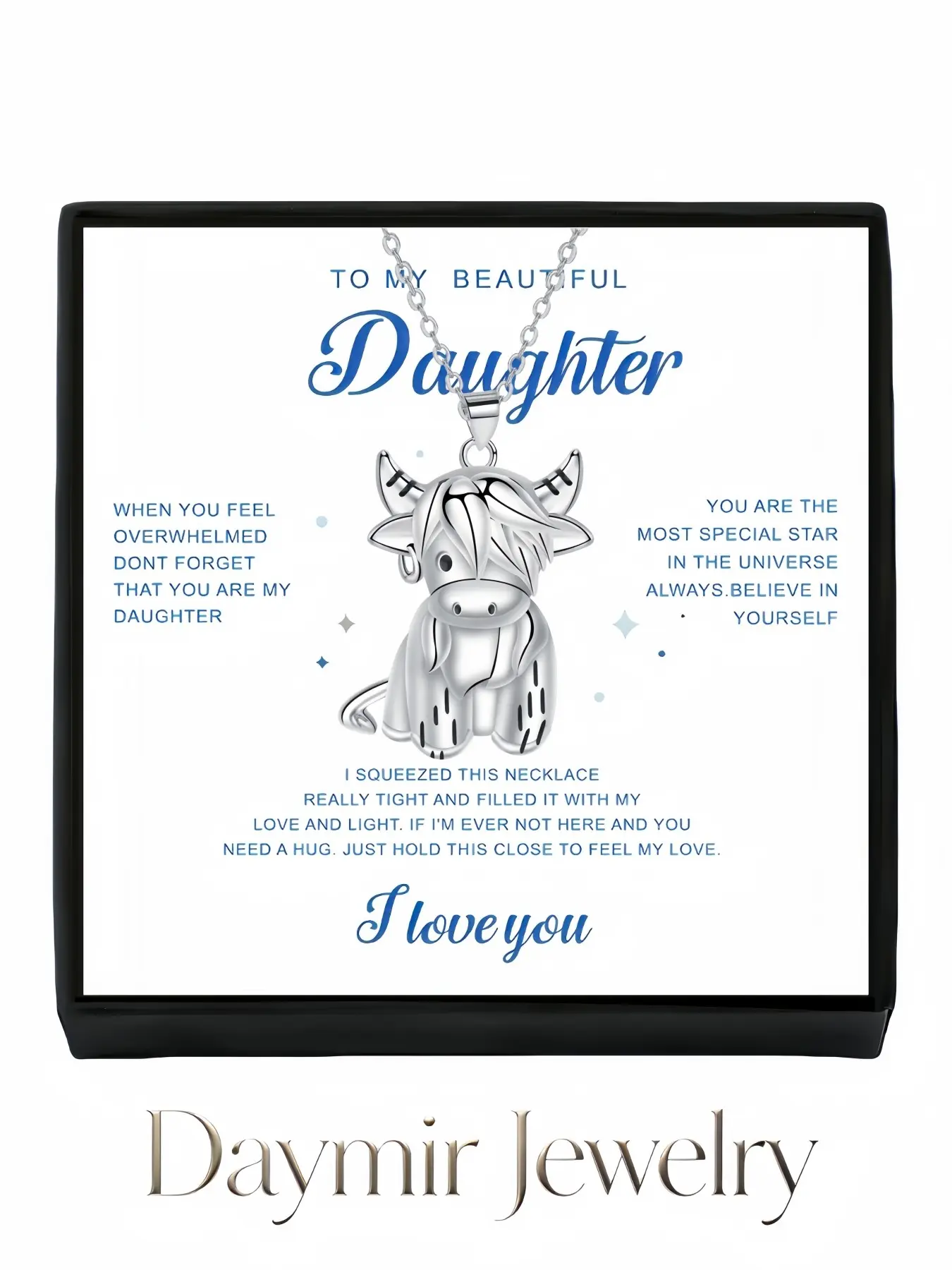 "Spirit Calf Silver Charm Necklace" Luxury unique cow pendant choker for women. Includes special greeting card for daughter, a mysterious gift and wonderful birthday present for all festive occasions.