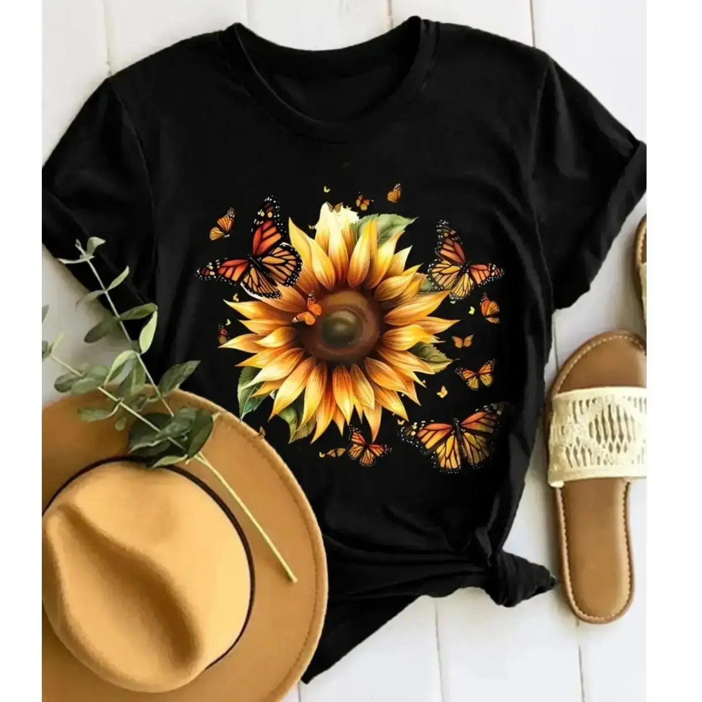 Women's 100% Cotton Shortsleeve Round Neck Graphic Top - Sunflower & Butterfly Digital Print, Standard US Unisex Sporty Chic Classic Casual Summer Top, Fast Shipping (Sports & Outdoor Clothing)