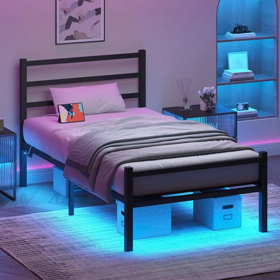 Twin Bed Frame With Charging Station And LED Lights, Metal Platform Bed Frame With Headboard And Footboard, Heavy Duty Steel Slats, No Noise, Easy Assembly