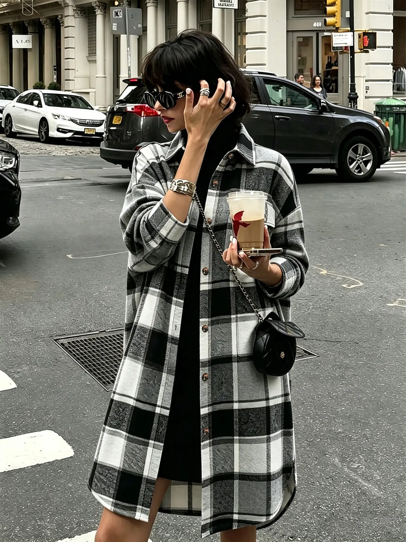 Women's Plaid Wool Blazer Coat, Medium-Length Loose Fit Long Sleeve Outerwear, Stylish Casual Jacket for Fall & Winter, Blazer Jackets
