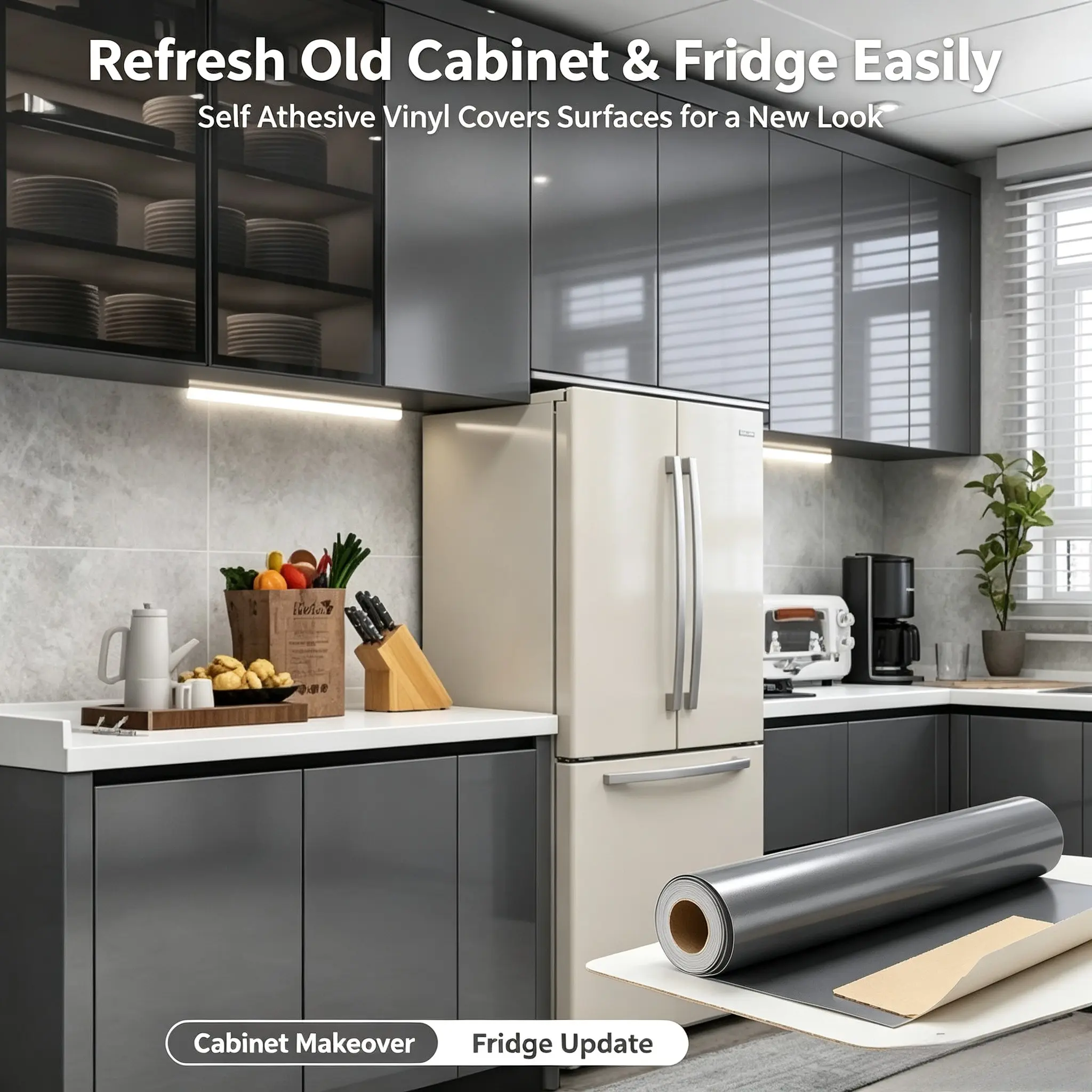 Removable Kitchen Oil Proof Sticker, Gloss Waterproof Self Adhesive Vinyl Paper, Easy Renovation for Cabinet Counter Fridge
