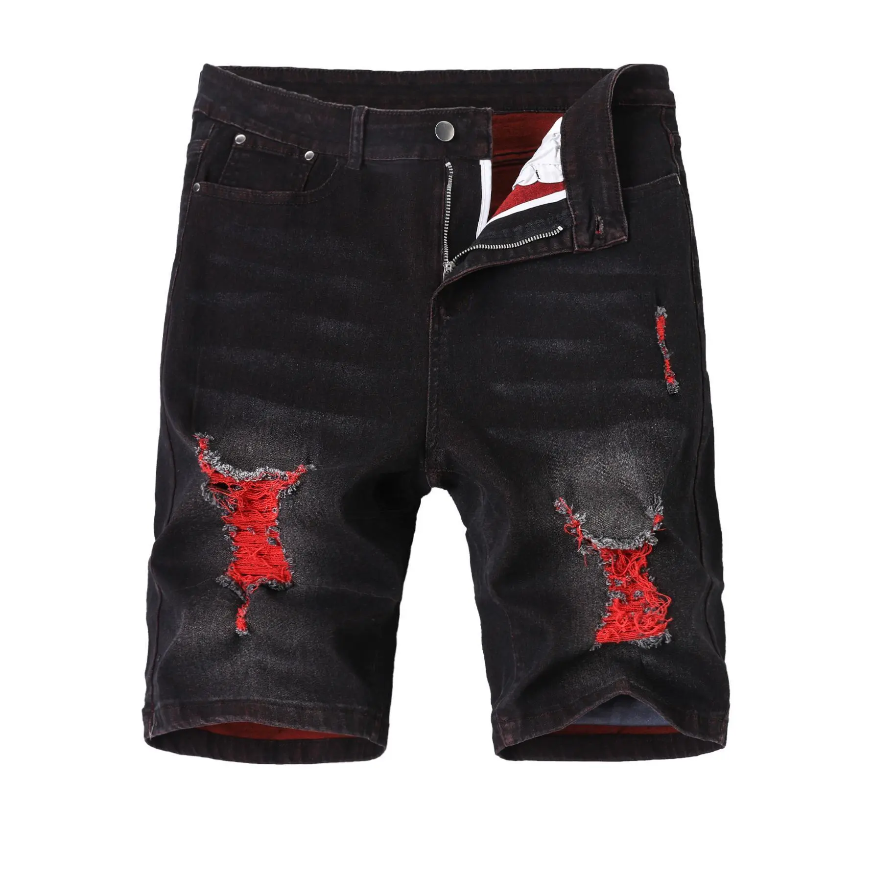 Men's Cotton Black Red Ripped Distressed Denim Shorts, Y2K Streetwear Contrast Color Jean Shorts, Casual Summer Knee-Length Bottoms, High Street Fashion