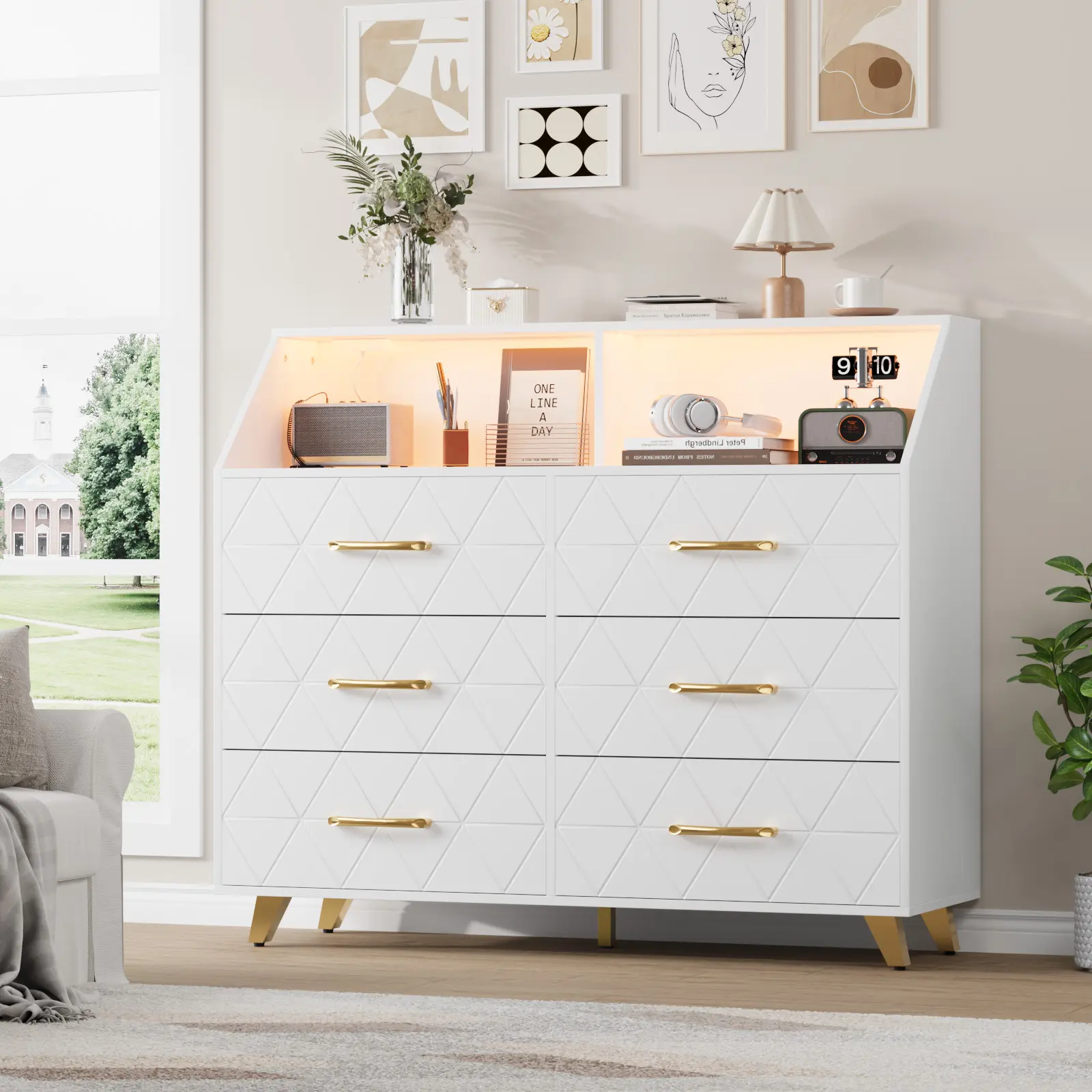 Garvee Large Size 6-Drawer Engineered Wood Dresser - Black Geometric Pattern Chest with LED Light Strip, Charging Ports, Open Shelf, Metal Legs, Coffee Bar Station, Entryway Table, Easy Maintenance, Assembly Required, Bedroom, Living Room