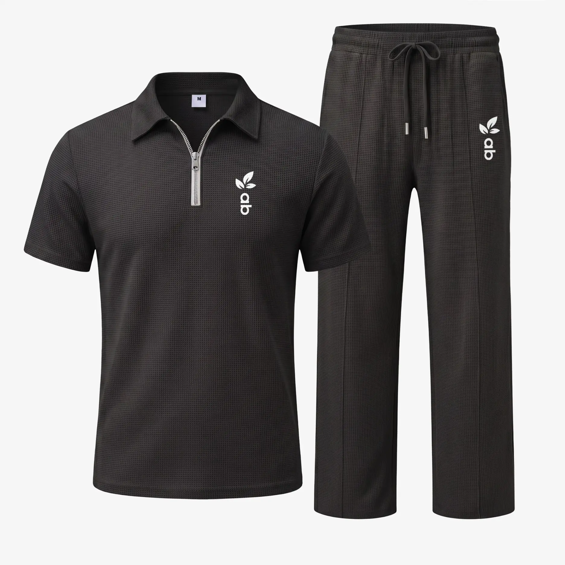 Men’s Letter Leaf Graphic Waffle Fabric Zip Collar Polo Shirt and Pants Set, Short Sleeve Polo Top with Matching Drawstring Trousers, Casual Two Piece Outfit