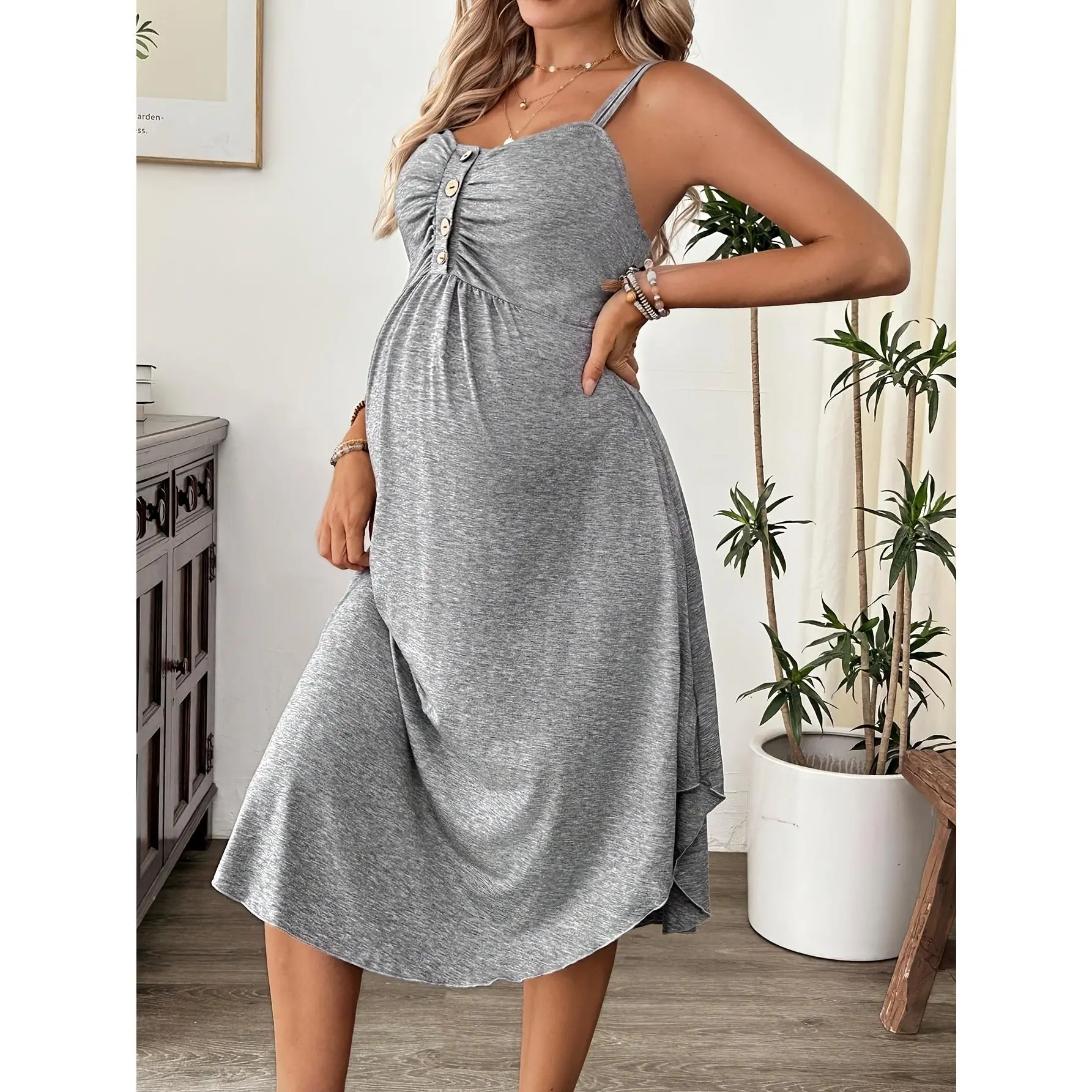 [Maternity Nursing Dress] Maternity Nursing Camisole Dress - Casual Comfort Solid Color Pleated Button,leopard,elegant,Tube,unlined,long,blue,easter