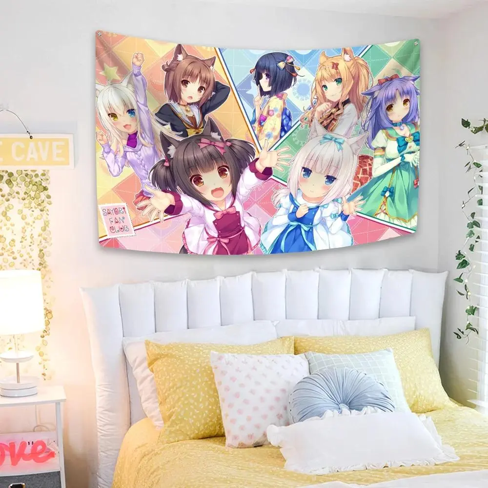 Kawaii Anime Nekopara HD Print Tapestry, Lightweight Photo Backdrop Cloth, Cute Wall Hanging with Hanging Clips for Dorm Room Sofa Decor (Ideal for Anime Fans)