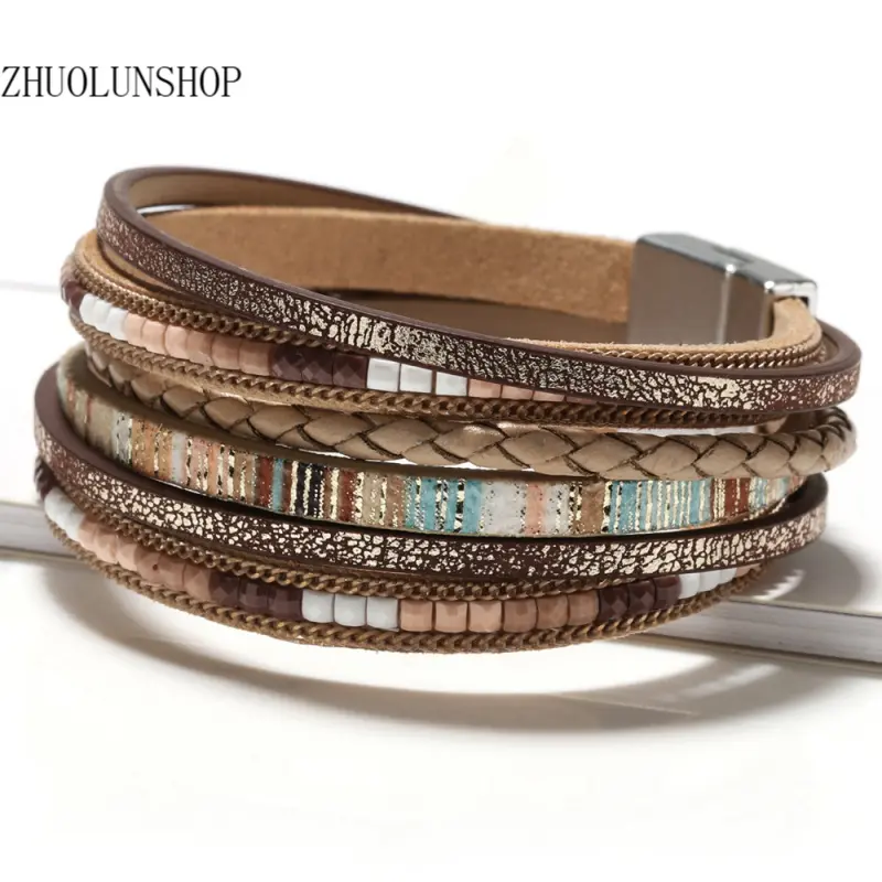 Female Hand-Woven PU Leather Multi-Layer Boho Bracelets, Alloy Magnetic Clasp Cuff Bangles, Skin-Friendly Lightweight Stackable Set, Trendy Multi-Color Options, Versatile Daily Wear Jewelry for Birthday Holiday Gifts