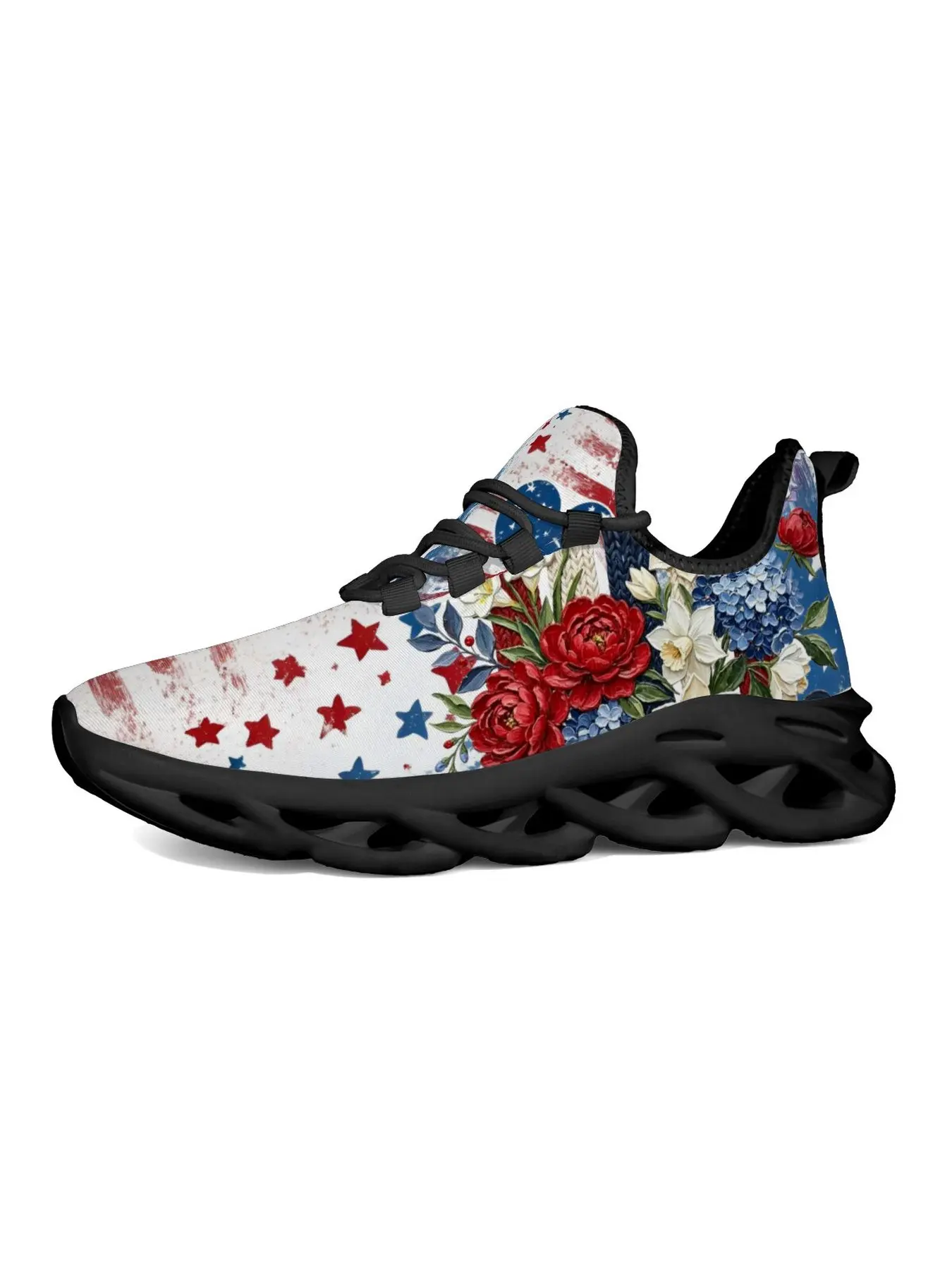 Women Men American Flag Floral Print Running Shoes, Breathable Non-Slip Athletic Sneakers with Cushioned Sole, Patriotic USA Stars and Stripes Flower Casual Walking Shoes for Daily Outdoor Activities
