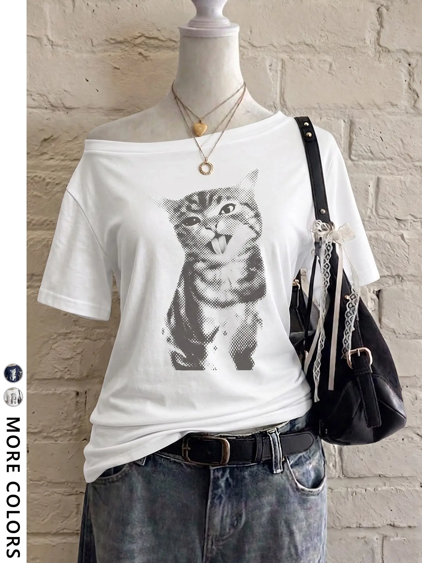 Women's Loose-Fit Short Sleeve Off-Shoulder T-Shirt, Cute Cat Print, Y2K Casual Top for Shopping & Daily Outings
