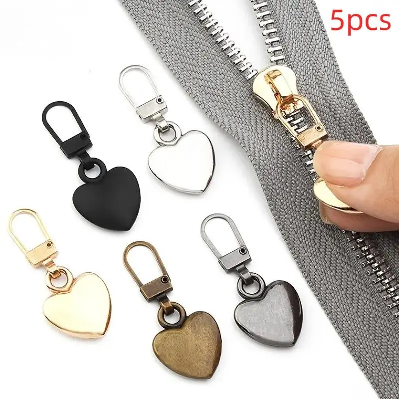5pcs Zipper Pull Replacement, Detachable Metal Zipper Pull Kit Heart Shaped Zipper Pulls For Coats Backpacks Jackets Pants Jeans Suitcase Purses Handbags