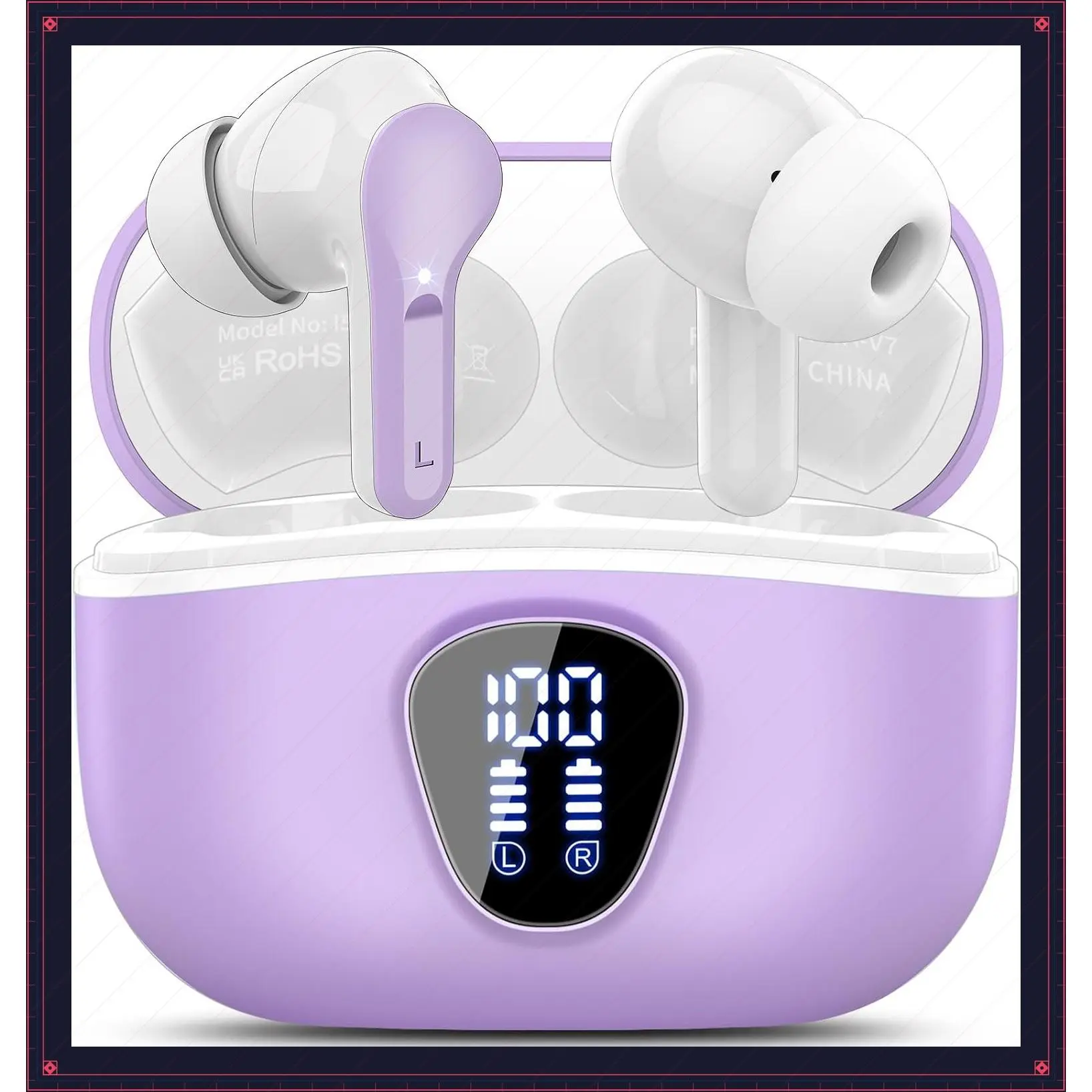 Wireless Earbuds Bluetooth 5.4 HiFi Stereo Headphones with ENC Noise Cancelling Mic, IP7 Waterproof, 48H Battery, LED Display, Purple for Pad Phones Workout SportsGift