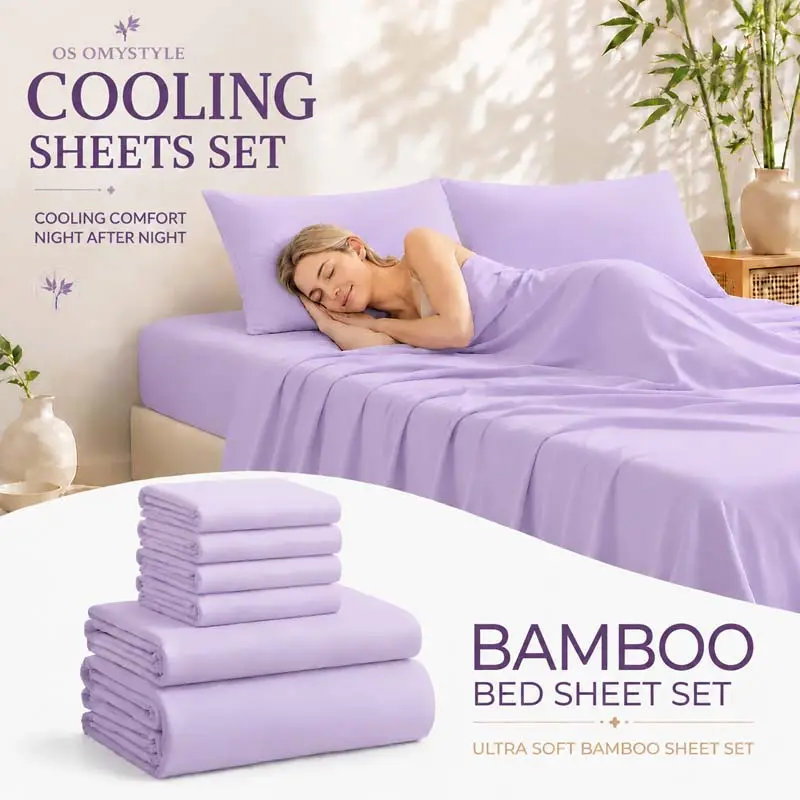 OS OMYSTYLE 4/6 Pcs Cooling Bamboo Sheet Set, Breathable Cooling with 16 Inch Deep Pocket Fitted Sheet, 360° Elastic Fit, Flat Sheet and Pillowcases, Ultra Soft Moisture-Wicking Bedding for Hot Sleepers, Perfect for Kids Bedroom, Guest Room and Home，Kids