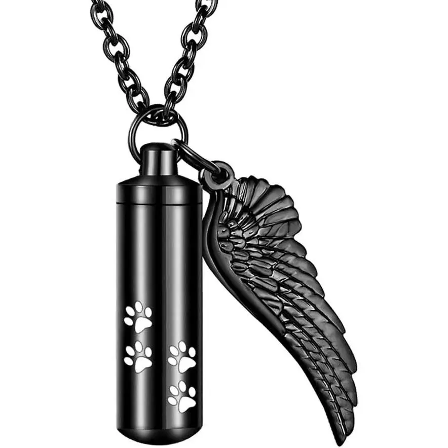 Cylinder Cremation Necklace for Pet Ashes With Angel Wing Paw - Urn Necklace for Dog/Cat Memorial Keepsake Jewelry