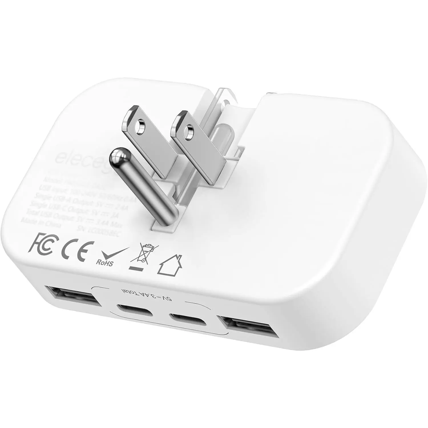 Flat USB Wall Plug, 4 Ports Foldable Charger Block (2 USB-C), Slim Flat USB C Wall Charger for  and Travel - Works with , , Pixel, iPad, and