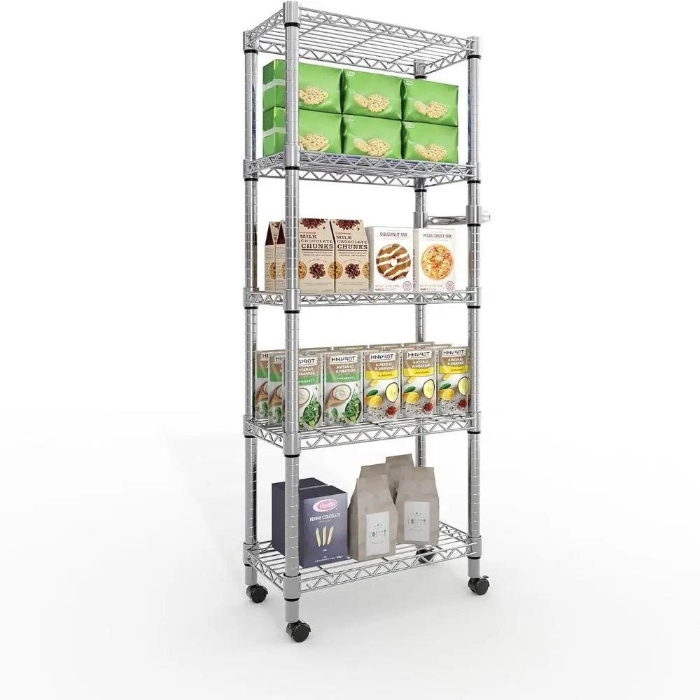 Silver 5-Tier Steel Frame Rolling Rack Tool Organiser, 61" H Metal Storage Shelving Unit with Wheels & Side Handle, Adjustable Wire Surface Shelves (23.6" D x 11.8" W) for Kitchen Garage Home Office, Portable