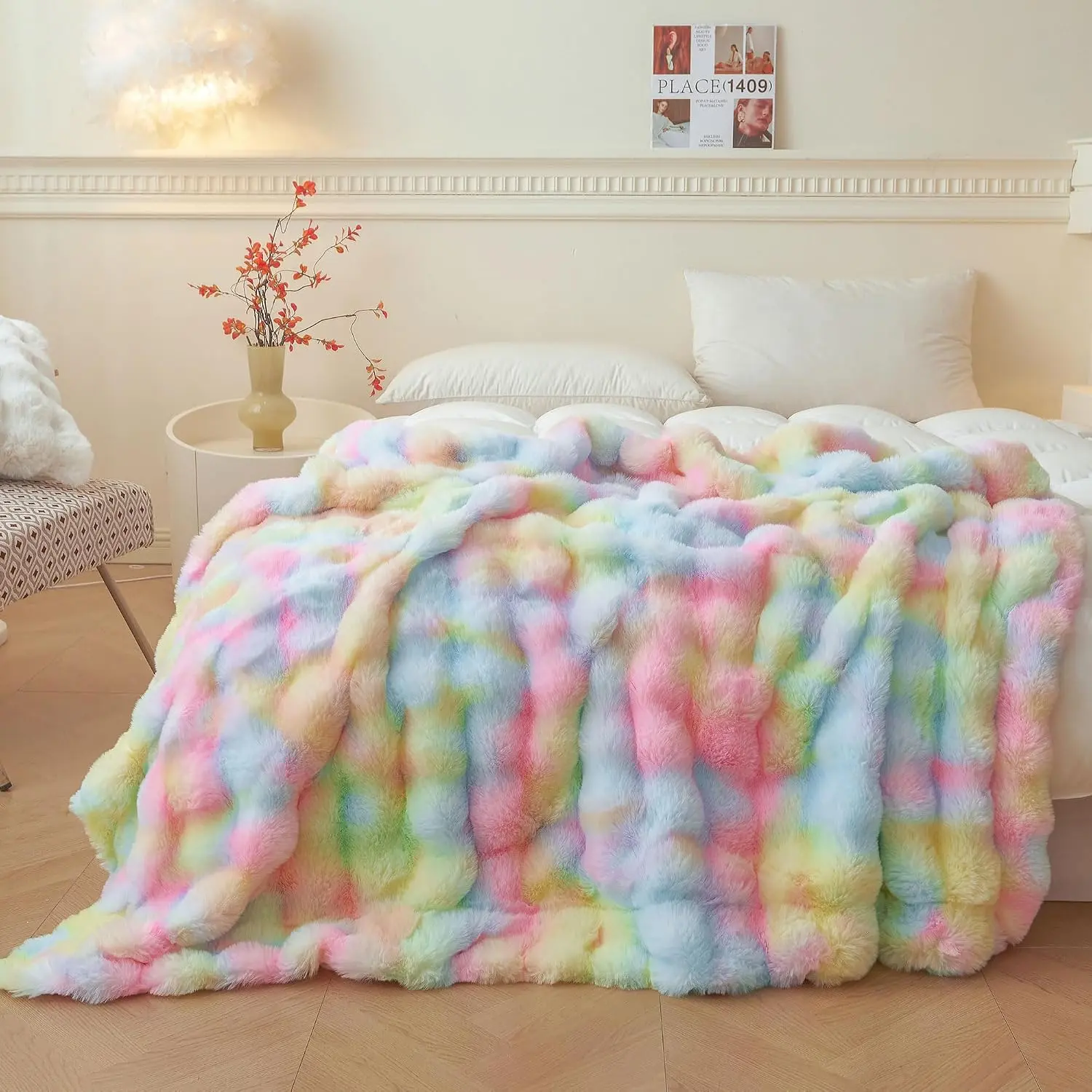 Faux   Bubble Throw, Rainbow Plush Shaggy Blanket for Couch Sofa Chair, Soft Cute Tie Dye Furry Blanket Adults  Girls, Fuzzy Throw for Bedroom Living Room, 50x60, Rainbow
