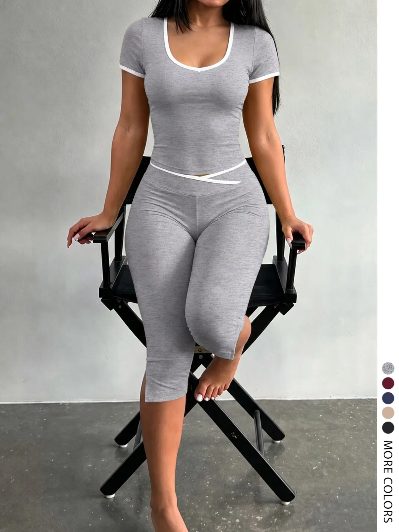 Soft Basic Fashion Women's Slim-Fit Short Sleeve and Capri Set, Split Hem, Perfect for Home Wear, Casual Style, Solid Pattern Clothes