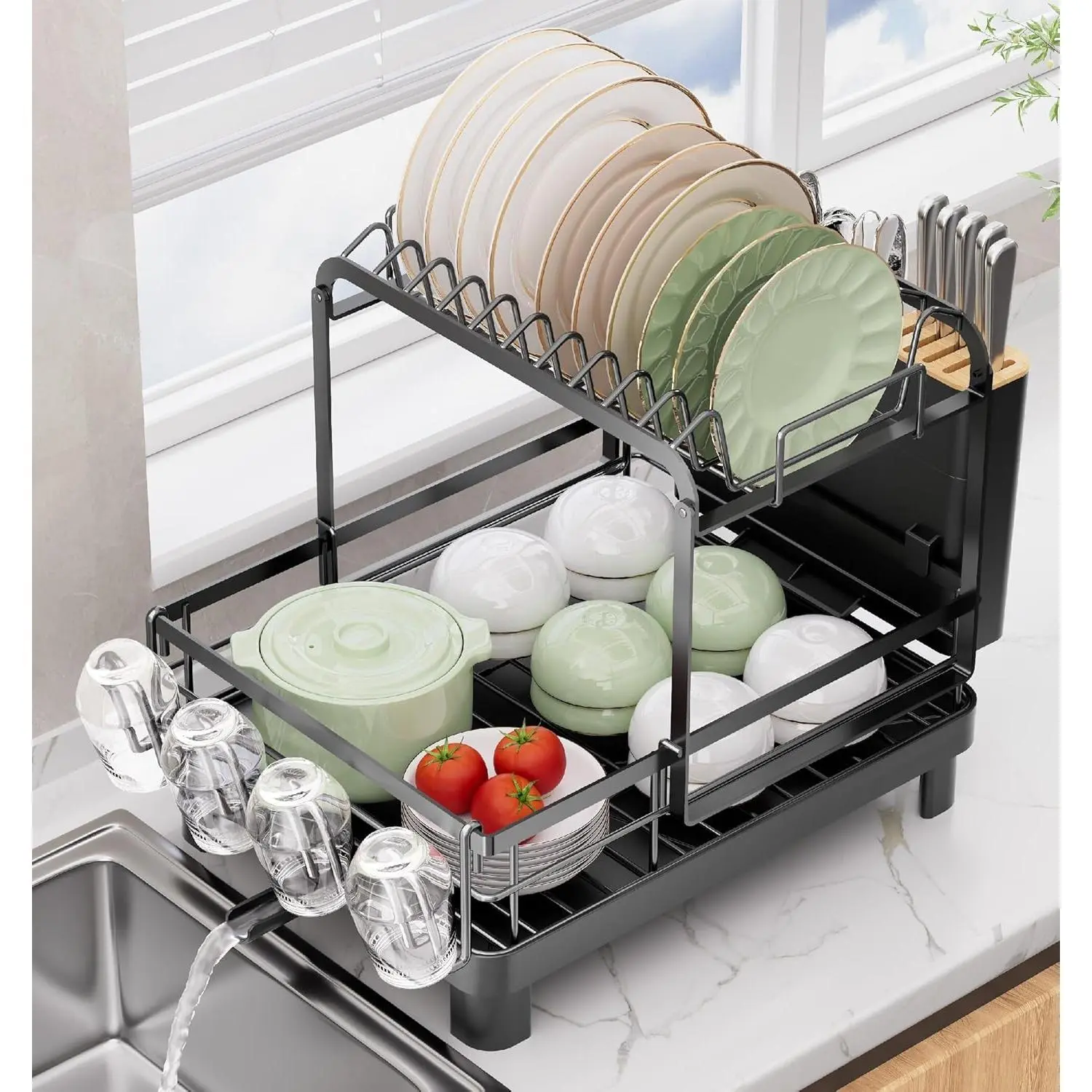 2-Tier Dish Drying Rack, Large Dish Rack with Drainboard Set, Detachable 4-in-1 Large Capacity Dish Drainer Over The Sink Anti-Rust for Kitchen Counter, Black