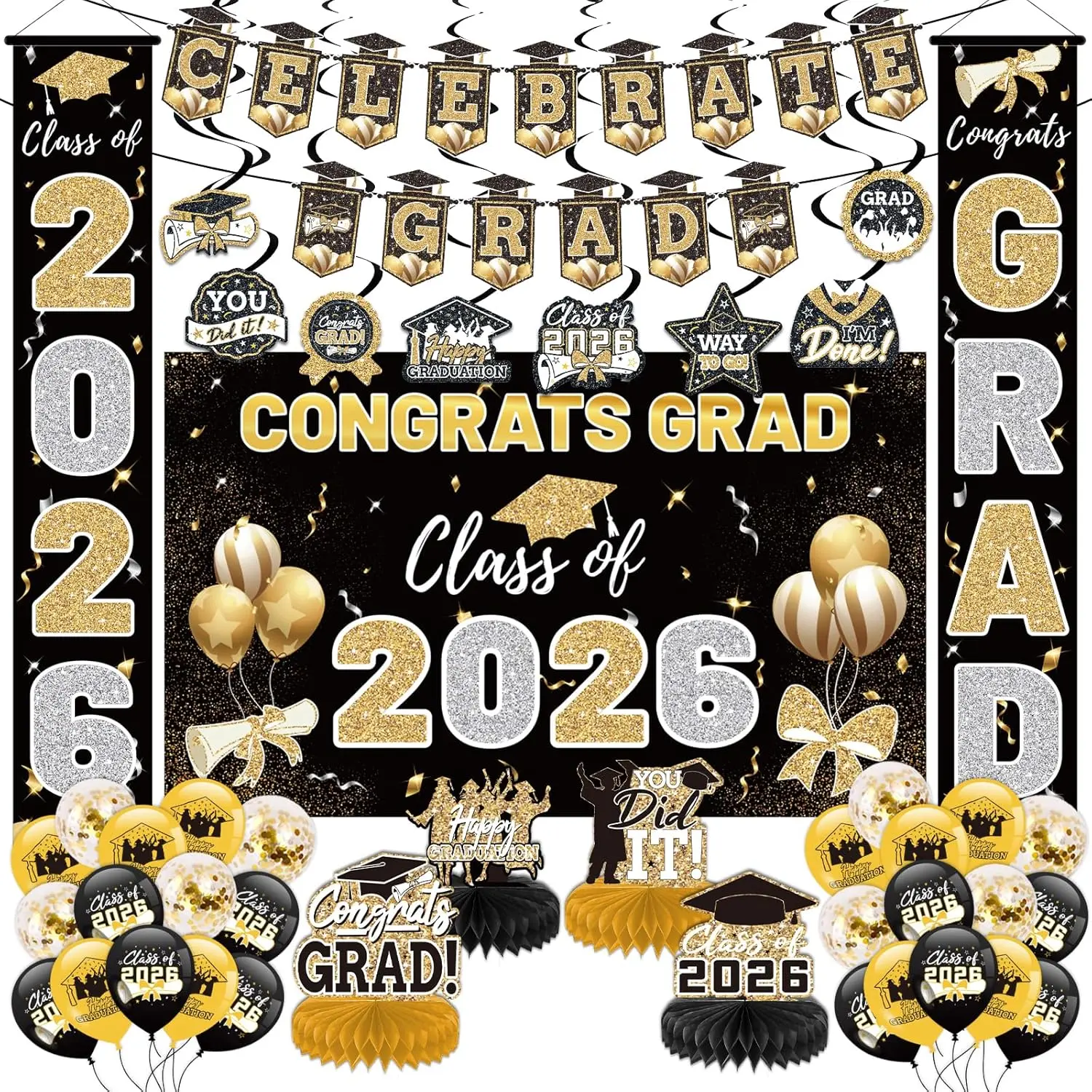 Black and Gold Graduation Decorations Kit for Class of 2026 Ceremony, Includes Banner, Balloons, Backdrop & Honeycomb Centerpieces, Party