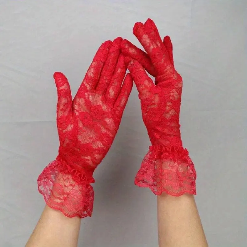 1 pair of elegant white lace fingerless women's gloves - breathable mesh and floral pattern, elastic fit, decorative wedding bridal gloves, with ruffled cuffs, perfect for summer outings, lace gloves