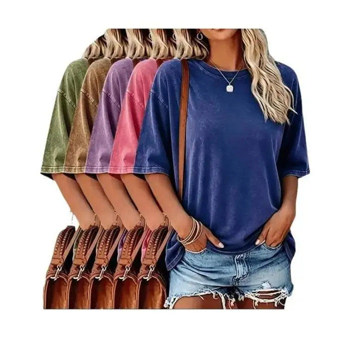 Women's 5-Pack Pure Cotton Washed Finish Short-Sleeve T-Shirts, Round Neck, Relaxed Fit, Distressed Print, Skin-Friendly Breathable, Minimalist Streetwear, Women's Tops, Machine Wash, Pairs with Jeans Shorts, Women's T Shirts, Relaxed Cut