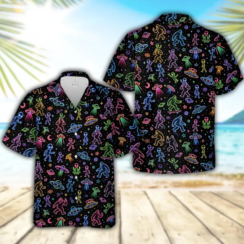 Colorful Neon Alien Hawaiian Shirt, UFO Bigfoot Aloha Shirt with Colorful Space Galaxy Pattern for Sci Fi Lovers Beach Vacation Party Gift