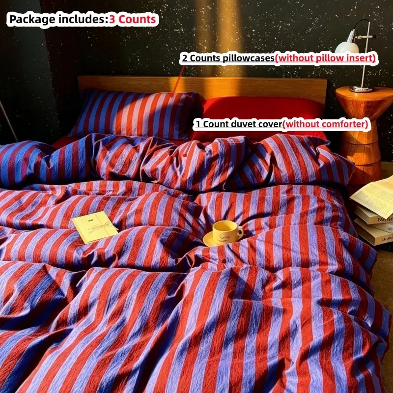3pcs College Style purple and rend Striped Decorative Bedding Set, 100% Polyester, for Single Twin Double Queen king Size bed, All Seasons