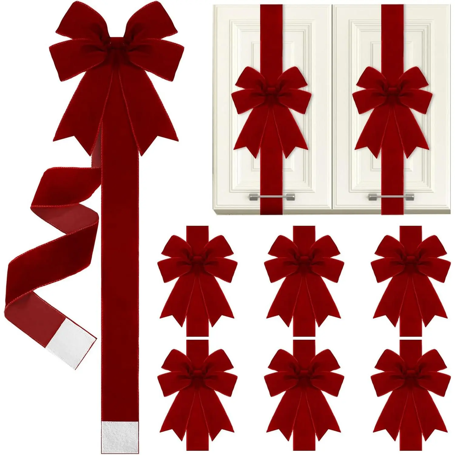 6-Pcs Modern Burgundy Velvet Christmas Cabinet Bows with Steel Wire Fixing - 9.8x7 in & 78.7 in Sizes, Hook-Equipped for Christmas Tree, Home Decor, Party Decor
