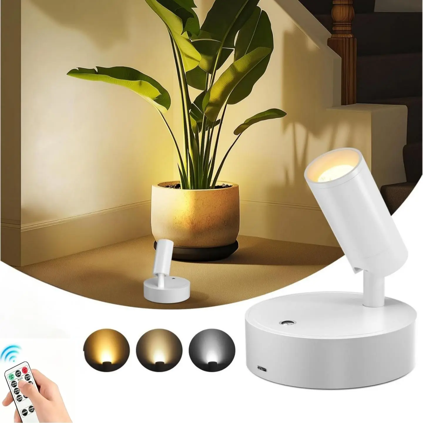 Wireless Indoor Spotlight with Remote Control, Adjustable Brightness, Rechargeable Picture Light, 350° Rotation, Battery Powered for Artwork, Christmas Tree, Plants, Paintings