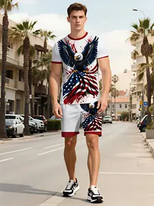 Featuring digital print designs, including a soaring bald eagle, a clenched American flag, and intricate splatter-style prints, this men’s summer casual short-sleeve T-shirt and shorts set