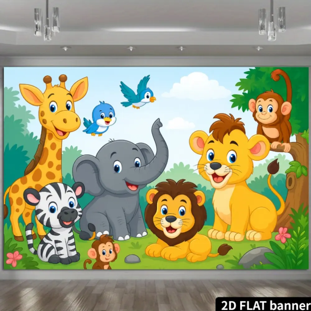 2D Flat HD Digitally Printed Polyester Photography Backdrop Banner - Cute Jungle Animal Cartoon Design, Soft Lightweight Foldable Cloth, Indoor Festive Backdrop for Studio Portraits, Product Photography
