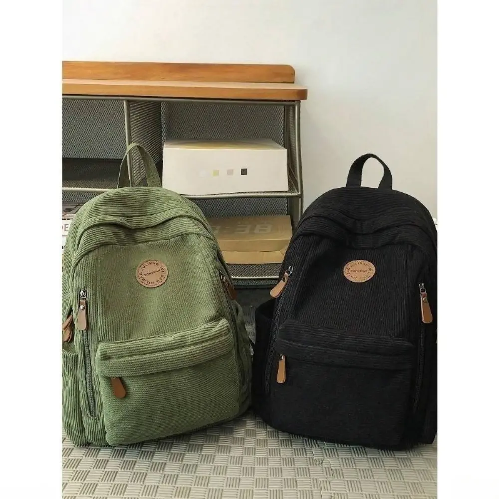 Small Corduroy Student Backpack, Lightweight Large‑Capacity Rucksack with Secure Zipper, Fits 14‑Inch Laptop, Casual Daypack for College, Daily Commute & Camping Travel