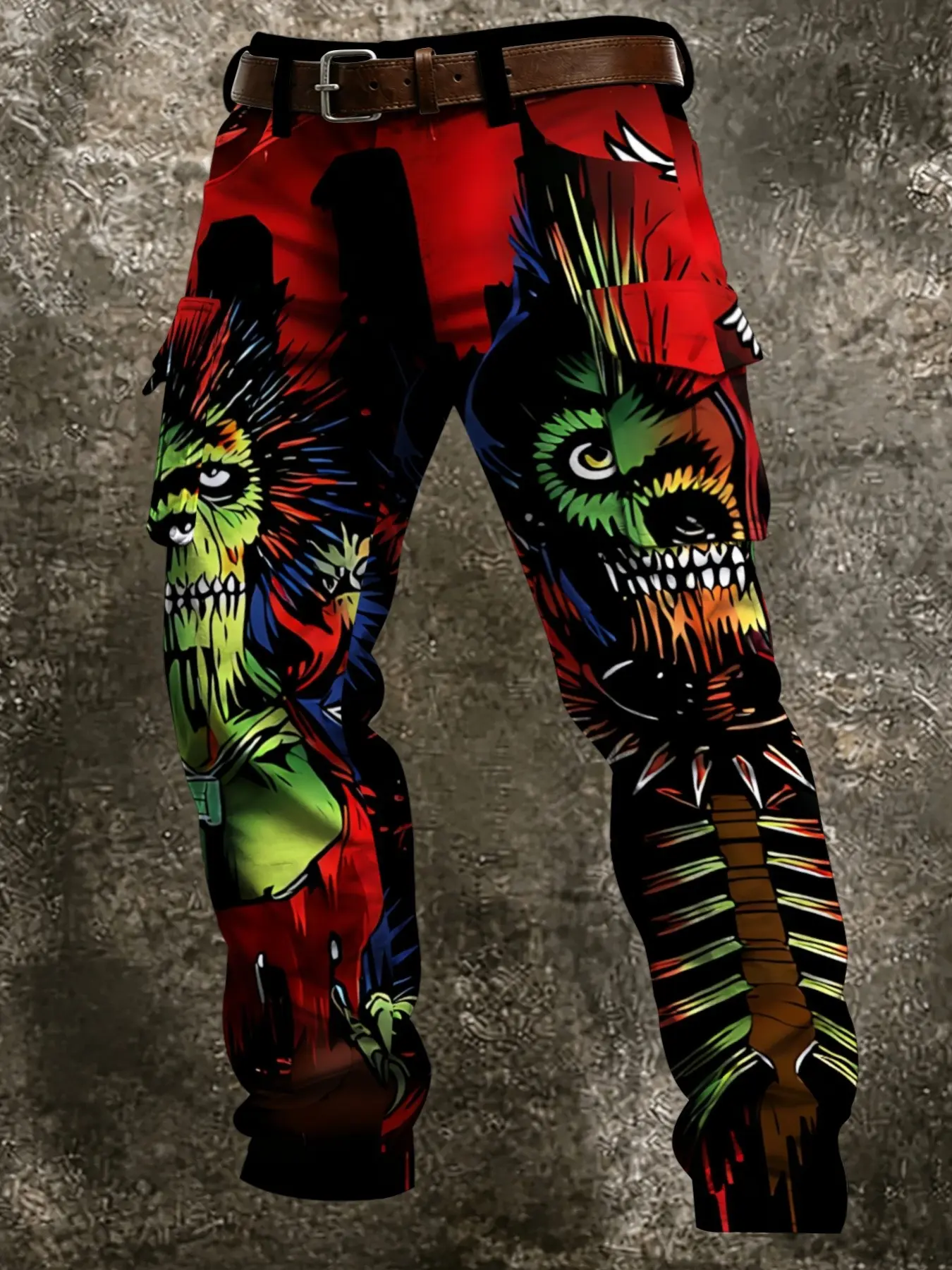 Men's Zombie Monster Print Cargo Pants, Multi-Pocket Streetwear Long Trousers, Casual Fitted All-Seasons Clothing