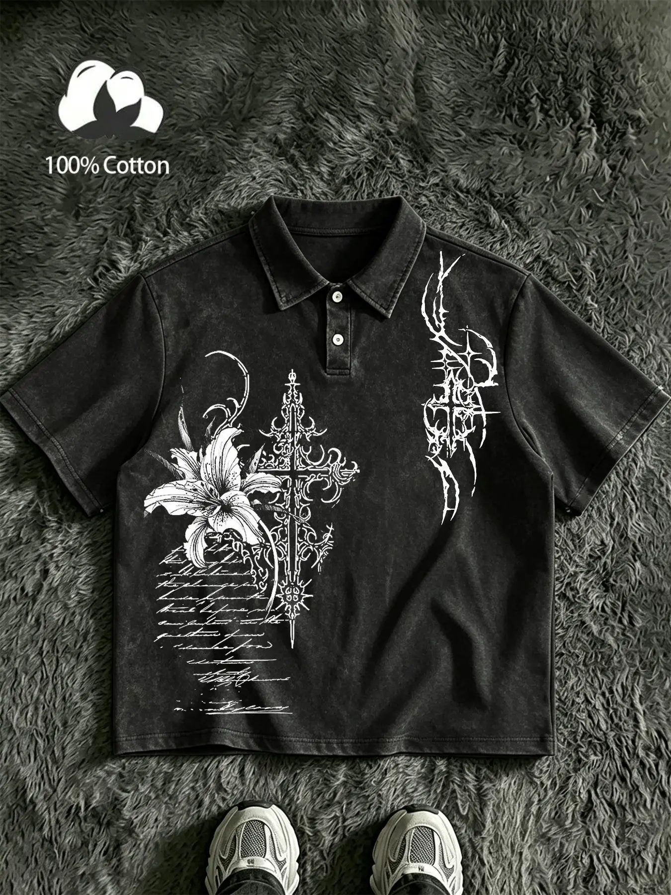 Unisex design, 100% cotton, water-washed, distressed, Gothic lilies print, loose-fitting short-sleeved T-shirt. American retro, Y2K, dark Gothic, high-end street fashion brand. Oversized top, vintage Gothic loose collar top.